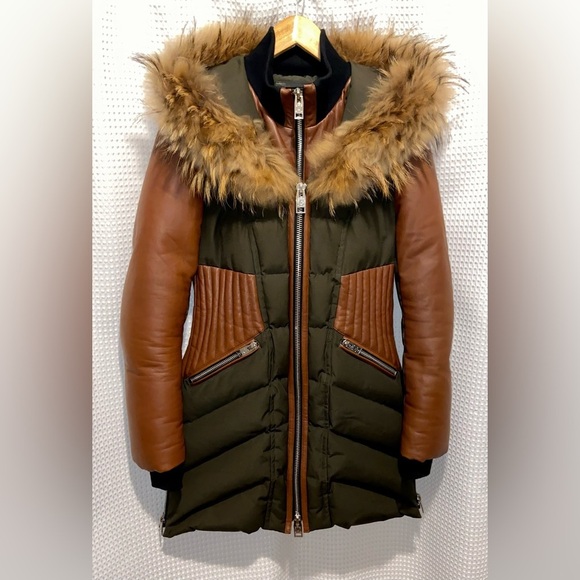 NICOLE BENISTI Courvechal leather&Fox Fur-Trim Chevron Down parka Coat sz small - Picture 3 of 17